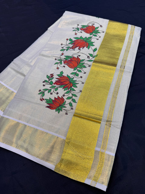 KERALA Gold Tissue SAREE WITH BEAUTIFUL FLORAL PRINT
