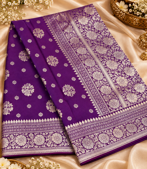 Luxuriously soft silk saree with a smooth, lightweight feel and beautifully flowy drape. Featuring rich woven zari floral motifs and an elegant detailed border .Blouse piece included. Slight variation in colour and design is possible.