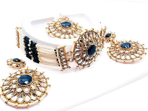 Pearls beaded with Kundan stone beautiful choker necklace with Earrings & Tikka