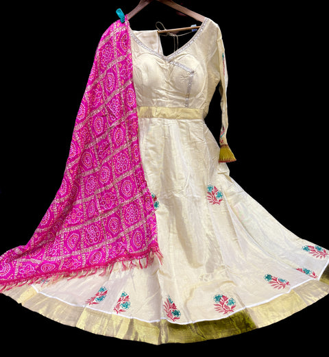 Size 42 (and  can go upto 46)Kerala gold tissue Anarkali with beautiful matching contrast dupatta