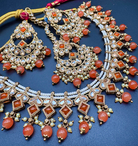 Original Polki stone with pearls beaded work beautiful necklace with jhumka and tikka set