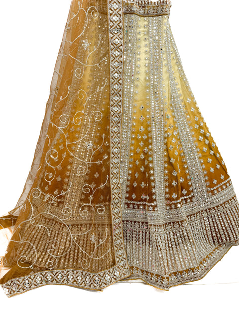 Original mirrors work Heavy Ken ken flared two toned shades netting based designer lehnga with heavy handwork blouse and Dupatta (video clip attached for reference )