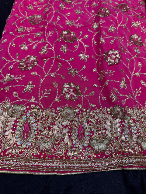 (video clip attached)pink and yellow  color pure chinnon based embroidery work with handwork kameez with plain silk bottom fabric (2.75 mtrs) and chiffon based heavy hand work dupatta