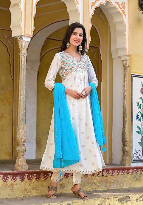 Pure & Soft Rayon Based Designer Embroidered & Printed work Kurti With Plazo Pants & Dupatta