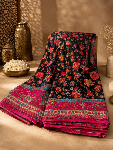 Kashmiri Kalamkari Inspired Soft Silk Saree with vibrant multicolour weaving and an elegant contrast pallu for a rich, timeless look.Blouse piece attached. Model image for reference only. Slight variation in colour and design may occur.