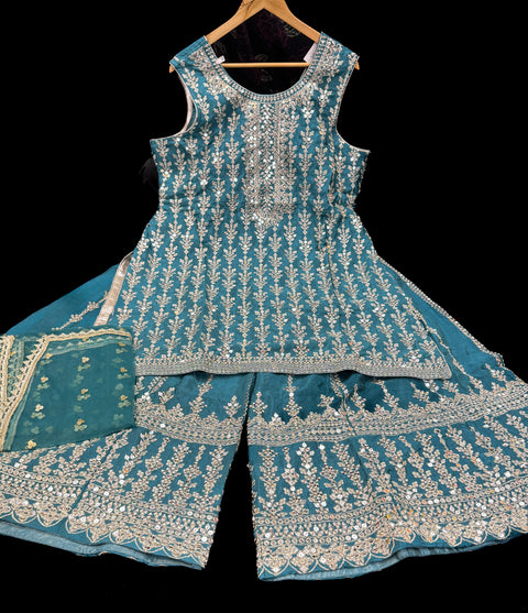 Georgette based sequined and embroidery work kameez with sharara pants and netting dupatta