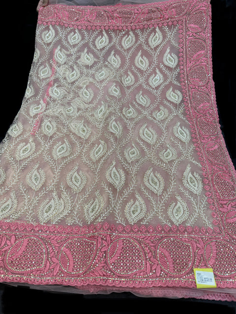 (Video Clip attached ) Very heavy work designer Pink Colour Heavy Stone Work & Embroidery Jaal Work Beautiful Netting Designer Saree And Embroidery Work Blouse design