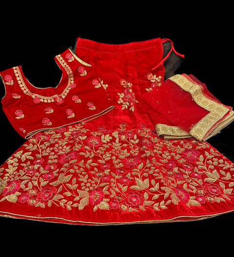 Red color velvet based embroidery work lehnga and blouse with Dupatta