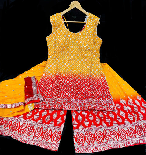 Ombré Georgette based sequined and embroidery work kameez with sharara pants and netting dupatta
