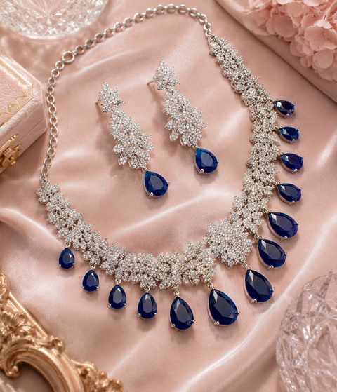 American Diamond stones very fine work classy necklace with beautiful earrings(slight variation in color & design is possible)