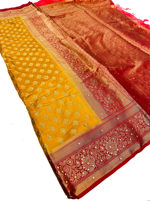 Art Silk Saree With Beautiful Stone Work With Contrast Pallu And Blouse