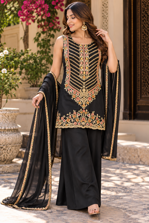 Beautiful georgette fabric outfit with full embroidery work all over the kameez. Paired with a loose circular palazzo and a matching dupatta with just a border. 
Slight variation in colour and design is possible