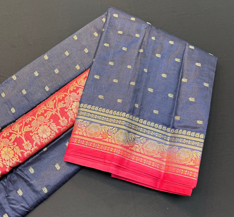 Beautiful soft silk Saree with contrast zari border and contrast plain Blouse