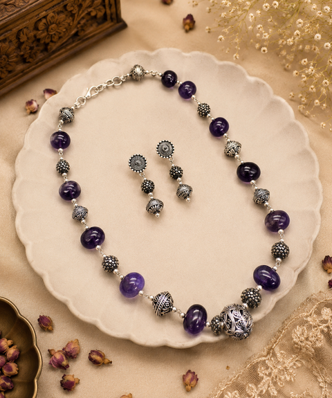 The unique colorful gems with beaded stones design Beautiful work oxidised Necklace with earrings
