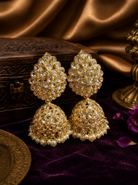 Bigger size and lite weight Beautiful pearls with kundan work jhumka(slight variation in color and design is possible)