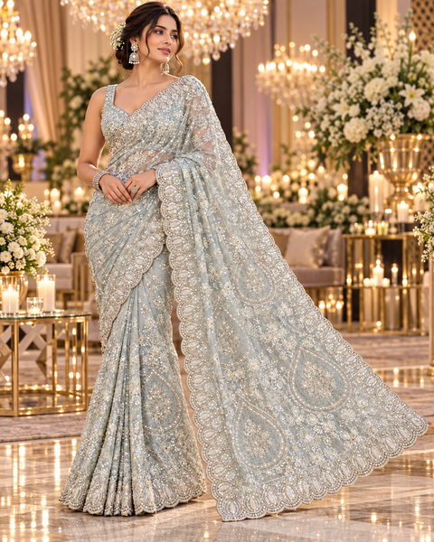 Heavy Embroidered Net Saree – Elegant sheer net saree with all-over embroidery, sequin detailing and a rich heavy border.Blouse shown is for reference only; actual blouse piece is attached with the saree. Slight variation in colour/design possible.