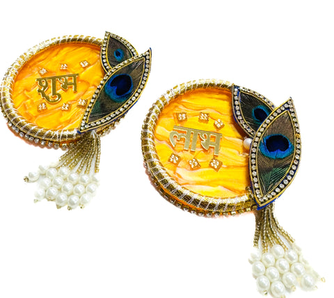 Shubh Labh design with peacock feather and stone work (double sided tape attached at back) for Diwali Decoration