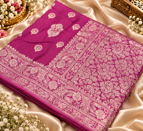 Luxuriously soft silk saree with a smooth, lightweight feel and beautifully flowy drape. Featuring rich woven zari floral motifs and an elegant detailed border .Blouse piece included. Slight variation in colour and design is possible.