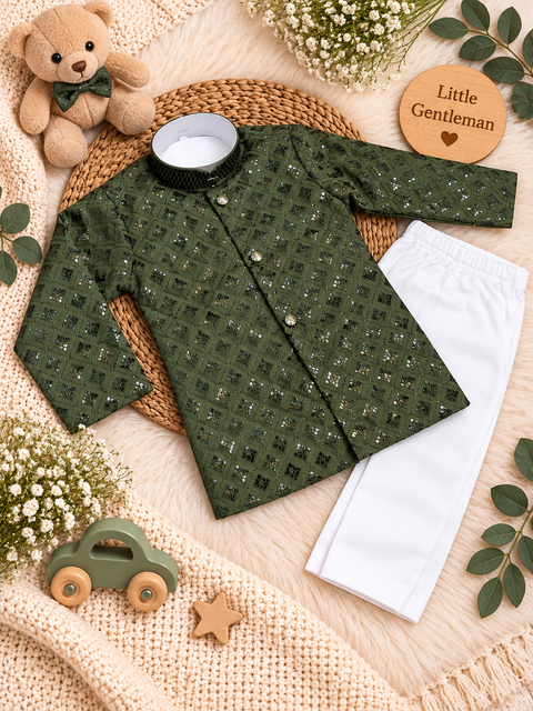 Soft Rayon chikankri sequin based Newborn Kurta Pajama Set with soft inner lining, easy front-open kurta & matching elasticated pajama for comfortable wear.Kurta L 35 cm,Chest 25 cm,Sleeve24 cm,Pajama L 33 cm.Slight variation in colour & design may occur