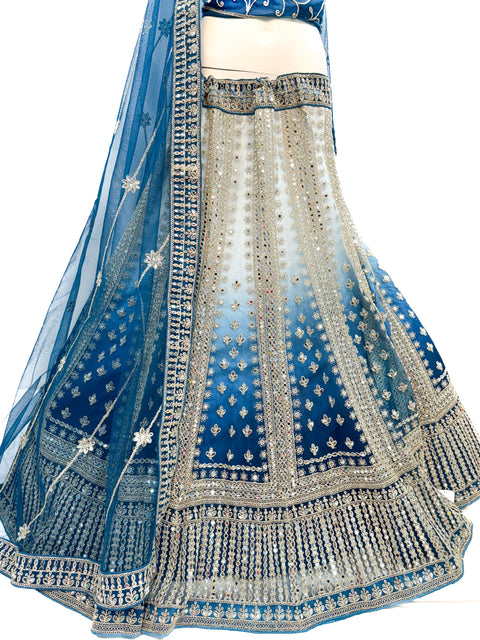 Original mirrors work Heavy Ken ken flared two toned shades netting based designer lehnga with heavy handwork blouse and Dupatta (video clip attached for reference )