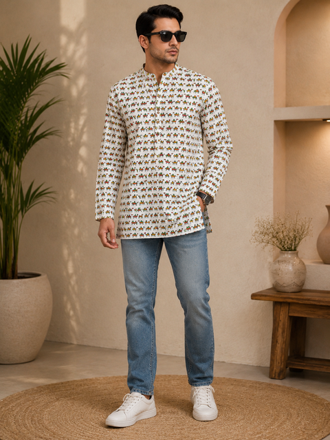 Short length Pure cotton based Men’s Printed kurti (sizes mentioned in inches ,not according to the label on Kurti) size 42 kurti- Length 28 inches and size 44 length 29 inches )