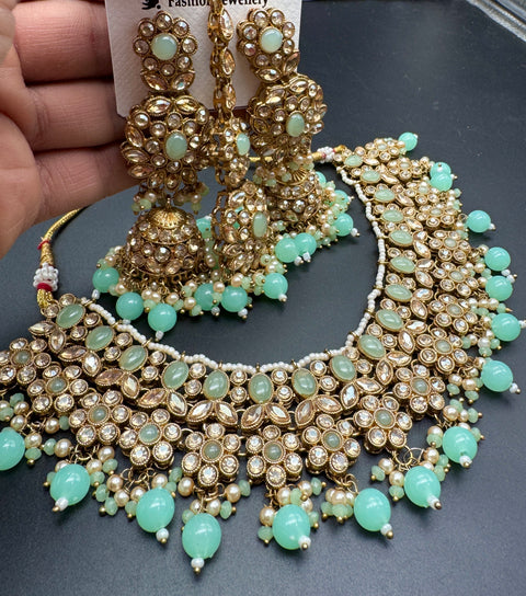 Polki stone with pearls beaded work beautiful necklace with jhumka and tikka set
