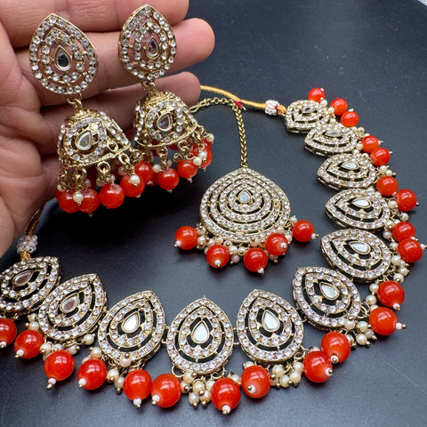 Jerkan stone with pearls beaded work beautiful necklace with jhumka and tikka set