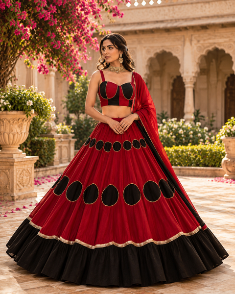 A graceful Chaniya Choli featuring a statement color-block blouse, elegant circular detailing, and a beautifully flared silhouette—perfect for festive celebrations (slight variation in color and design is possible)
