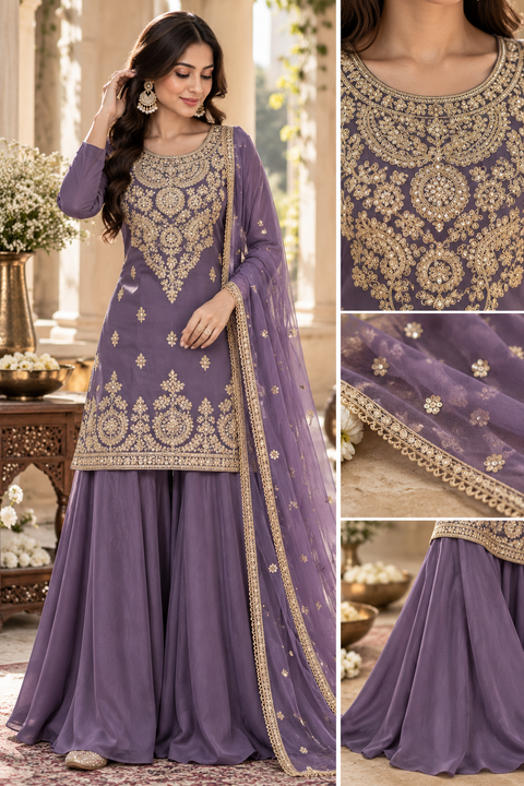 Elegant Chanderi Silk suit featuring all-over heavy embroidery and mirror work with a beautifully detailed neckline. Paired with a heavily embroidered palazzo and a gorgeous matching dupatta .Slight variation may ofcolour & design is possible
