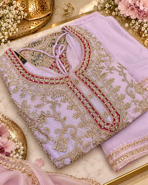 Georgette based beautiful embroidery and stone work kameez paired with a flowy georgette loose circular palazzo & dupatta . Slight variation in colour and design is possible.