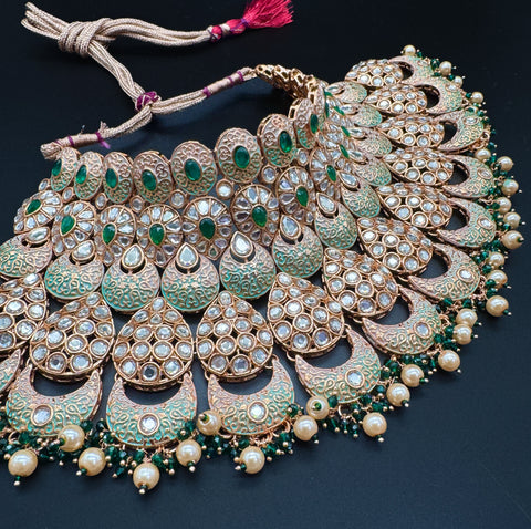 (video clip attached)Green & Mint base Original Kundan Polki stones with Meenkari & Pearls work Bridal necklace with beautiful Jhumka, tikka  NOTE:- original Kundan Polki stones not fake plastic stones)