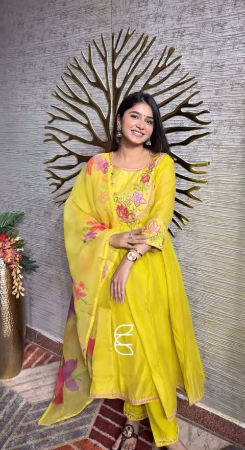 (Video Clip attached)Plus size Pure and soft Chanderi Silk based beautiful embroidery work flared kameez & Plazo pants with beautiful floral print organza Dupatta
