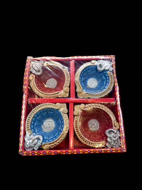 4 piece colourful diya Natural Clay Traditional (Diwali Ke Diye) price per pack (slight variation in colors and design is possible )