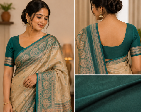Premium Art Silk Saree Featuring Elegant Zari Weaving, Saree Comes With An Attached Blouse Piece. Model Blouse Is For Reference Only. Slight Variation In Colour And Design May Occur