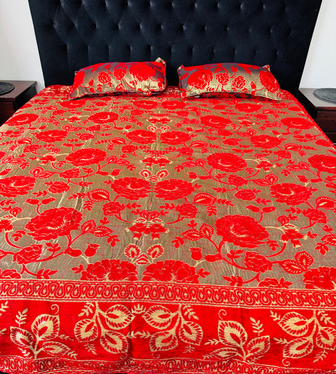 Roses Print Velvet golden zari Work Bed Sheet (275cm x 265cm)king size King Size Bedsheet With Double Pillow Cover