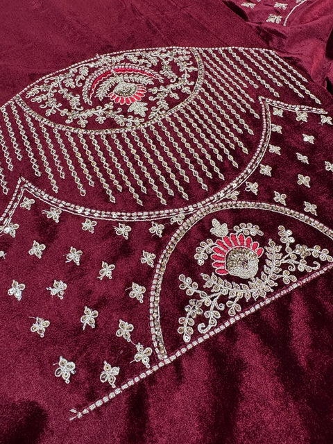 (Video Clip attached)Velvet based hand work with stones work two toned design Heavy Ken ken Bridal designer lehnga with heavy handwork blouse and two Dupatta , with netting and with velvet and heavy latkans