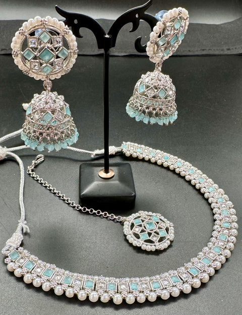 Kundan And Pearls Work Beautiful Necklace Set With studs & Tikka