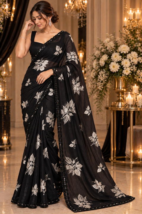 Fendi Silk Saree – Elegant floral print with beautiful black stone handwork border all around. Soft, stylish, two toned shiny. Matching blouse piece attached; model blouse is for reference only. Slight variation in colour/design is possible.