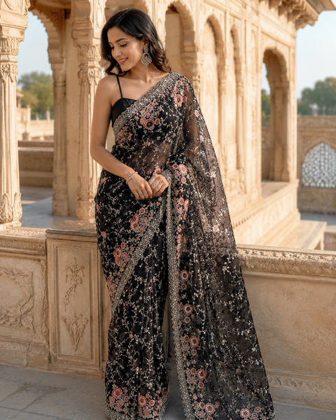 Netting based embroidery jaal all over with stone work designer saree(blouse piece worn by model is for reference only, blouse piece attached to Saree) slight variation in color and design is possible)