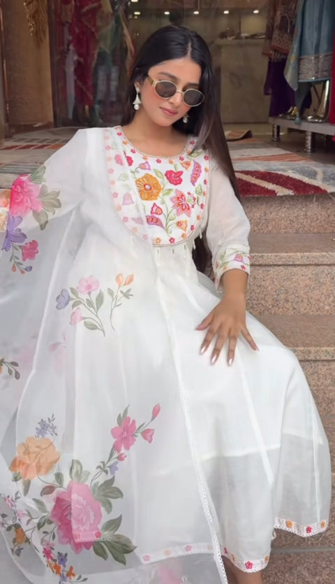 (Video Clip attached)Pure and soft Chanderi Silk based beautiful embroidery work flared kameez & Plazo pants with beautiful floral print organza Dupatta