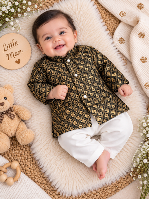 Adorable Brocade Silk Newborn Kurta Pajama Set with soft inner lining, easy front-open kurta and matching elasticated pajama for comfortable wear.Kurta L 35 cm,Chest 25 cm,Sleeve 24 cm,Pajama L 33 cm. Slight variation in colour & design may occur