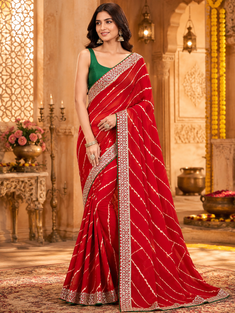Soft georgette based lehariya print sarees with gotta patti and sequined work border. Blouse Worn By The Model Is For Reference Purposes Only. The Blouse Piece Is Attached Separately With The Saree. Slight Variation In Color And Design May occur