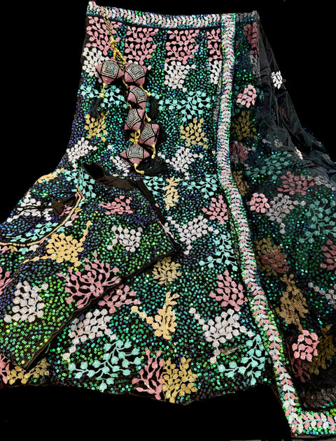 (Video clip attached )Black color  Party wear netting based full of sequined and multi embroidery work multiflared very heavy lehnga with heavy work design in blouse and embroidery dupatta (Unstitched Lehnga)