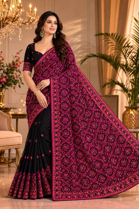 Pure Georgette Saree with beautiful multicolour embroidery, sequins and intricate threadwork. ✨
Model blouse is for reference only. Blouse piece is attached with the saree. Slight variation in colour and design may occur.