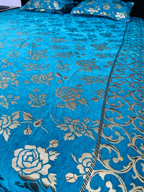 Roses Print Velvet golden zari Work Bed Sheet (275cm x 265cm)king size King Size Bedsheet With Double Pillow Cover