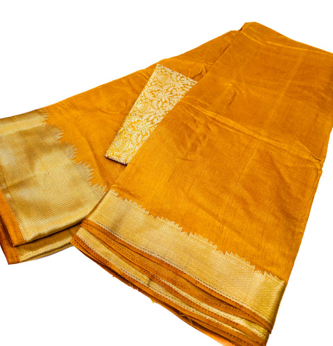 Soft Silk based Broad zari border Saree with Contrast Brocade silk based Blouse