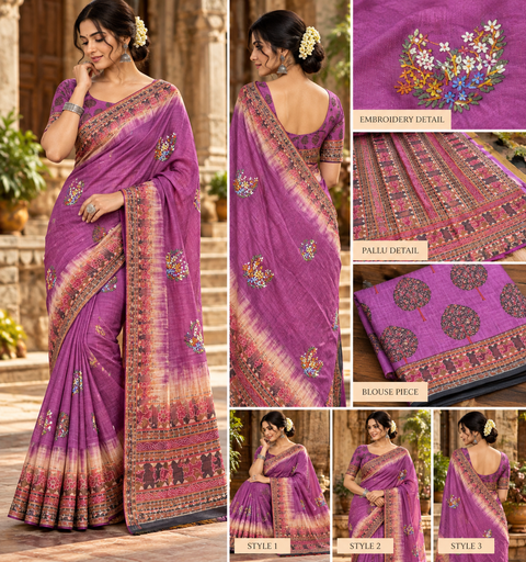 Elegant Chanderi cotton silk saree featuring delicate dotted prints, a beautifully detailed floral pallu and traditional printed border. Lightweight, graceful and perfect for festive or elegant day wear.