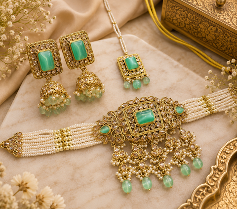 Original polki stone with pearls beaded necklace set with beautiful earrings & tikka