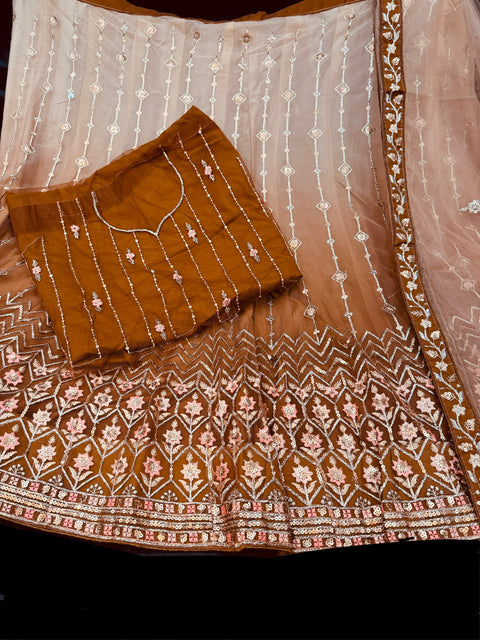 Ombré shades Netting based embroidery work multiflared beautiful lehnga with embroidery work design in blouse and embroidery dupatta (Unstitched Lehnga)