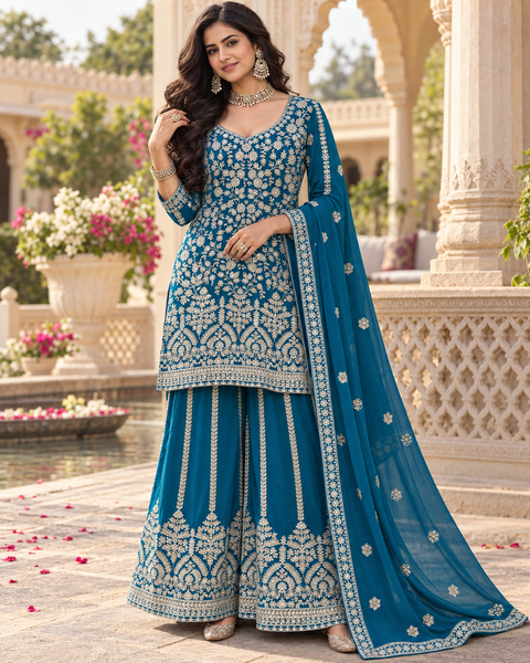 Georgette based heavy embroidery work with stones & mirror work kameez with heavy work circular palazzo and georgette dupatta.Slight variation in colour/design possible